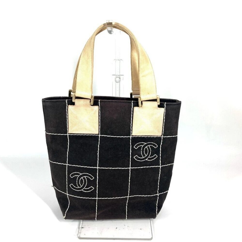 CHANEL Chocolate bar CC CC Mark Bag Tote Bag Hand Bag Canvas Black/White